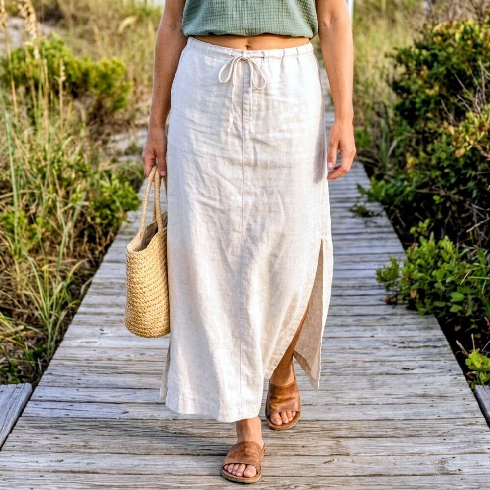 Vintage Y2K Old Navy 100% Linen Maxi Skirt Womens Size 16 Beige Drawstring Slit